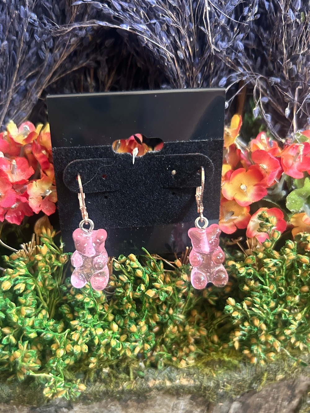 Pink Gummy Bear Dangle Earrings | Kawaii Resin Bear Leverback Earrings